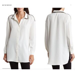 Ellen Tracy Button-Up Tweed Trim Tunic Blouse cream color size S NWT